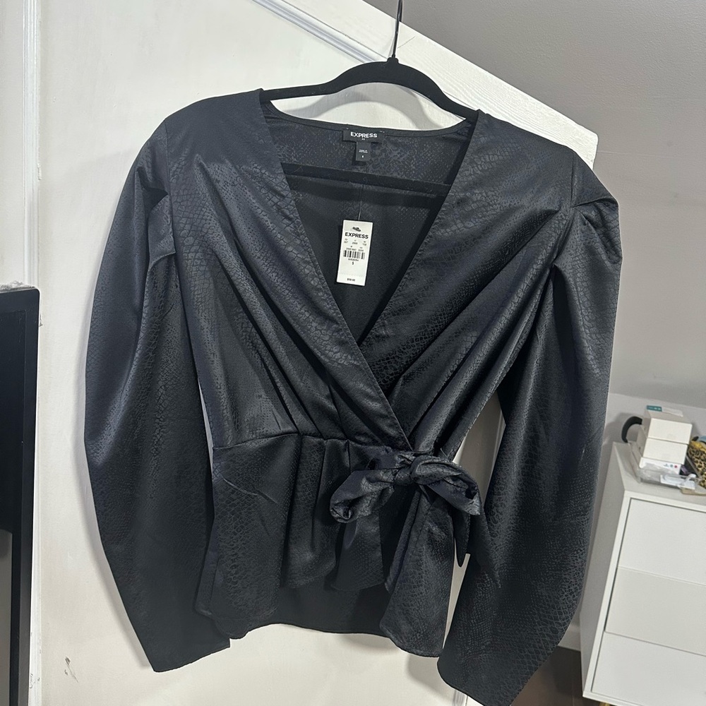 Black Wrap Blouse with Tie